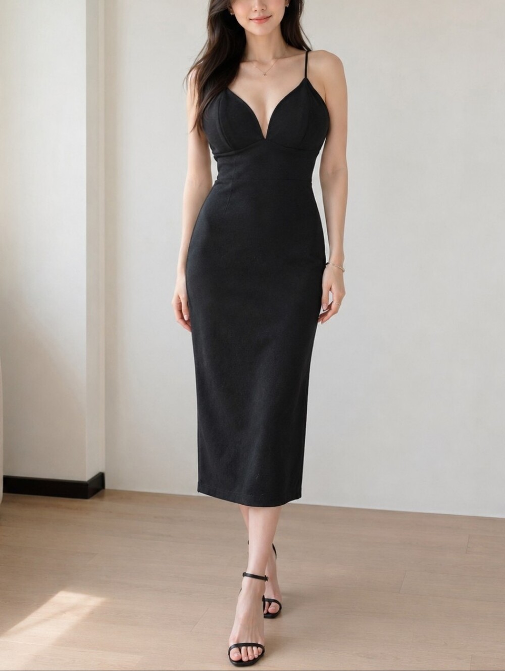 Classic Black Midi Spaghetti-Strap Tulip Style Dress Size M